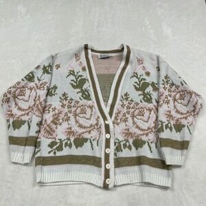 Nan Dorsey Cardigan Sweater Womens M White Floral Rose Knit V-Neck Vintage USA